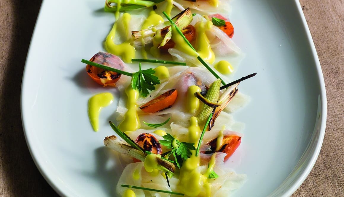 Carpaccio de Bacalhau e Legumes assados