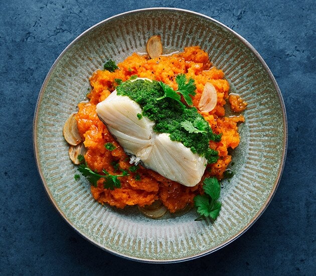 Bacalhau da Noruega com esmagada de batata doce