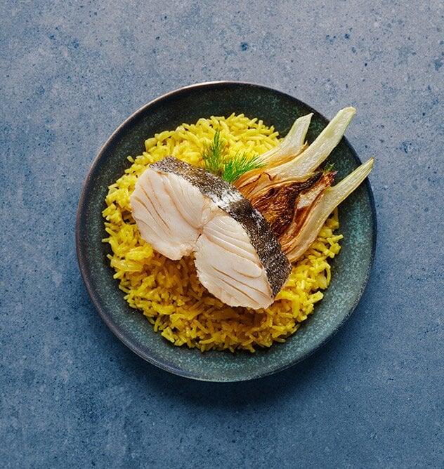 Bacalhau da Noruega com arroz de açafrão e funcho