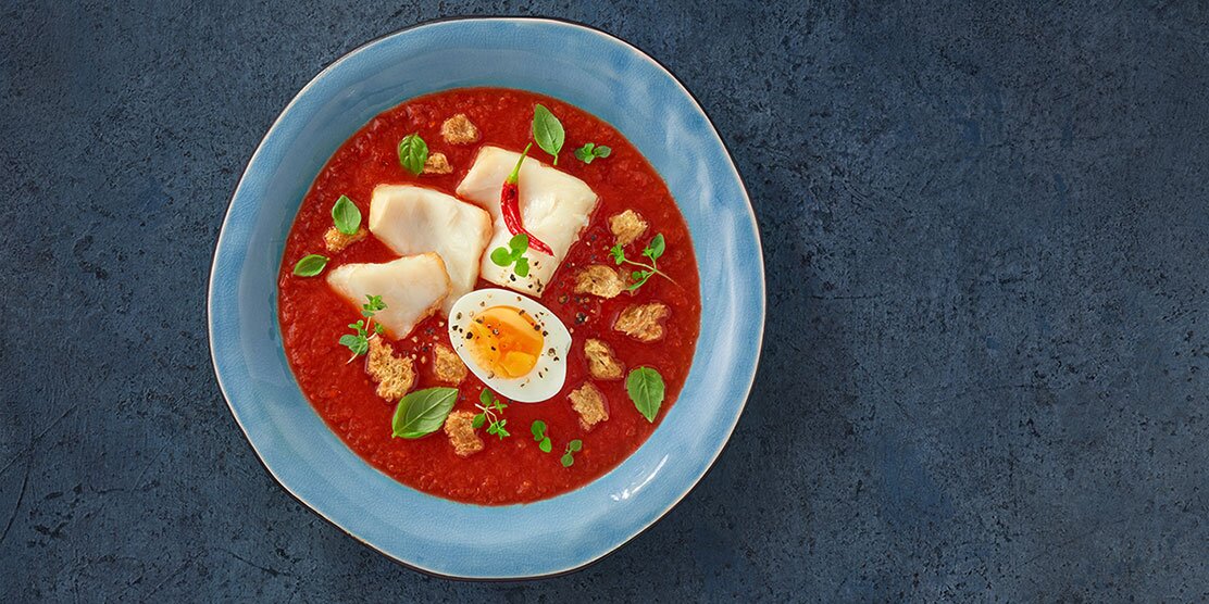 Sopa picante de tomate com Bacalhau da Noruega